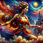 Steampunk Woman Amidst Clockwork Structures and Machinery