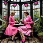 Women in Identical Pink Skirt Suits in Gazebo Setting