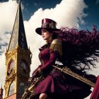 Steampunk Scene with Woman in Burgundy Gown and Rifle