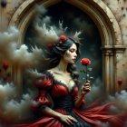 Gothic Corridor with Young Woman in Vintage Attire