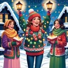 Women in Christmas Sweaters Celebrate in Winter Wonderland