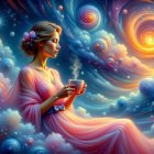 Woman in Pink Gown Against Cosmic Backdrop