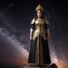 Young Woman in Golden Armor on Mountain Peak at Night
