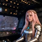 Young Woman in Steampunk Cockpit with Armor and Castle