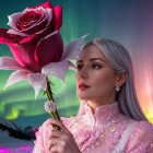 Serene Woman with Silver Hair and Northern Lights Backdrop