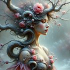 Serene Woman in Green Gown Surrounded by Snowy Forest