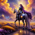 Warrior on Horseback at Sunset with Moon and Castle