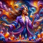 Young Woman in Purple Jacket in Mystical Laboratory