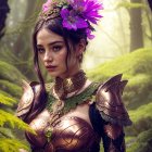 Mystical Forest Scene with Ornate Armored Woman