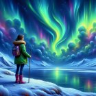 Woman in snowy landscape with aurora borealis and sparkler