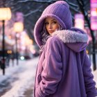 Young Woman in Lavender Coat in Snowy Park Setting