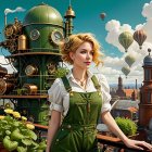 Steampunk Scene with Woman in Green Outfit and Flowers