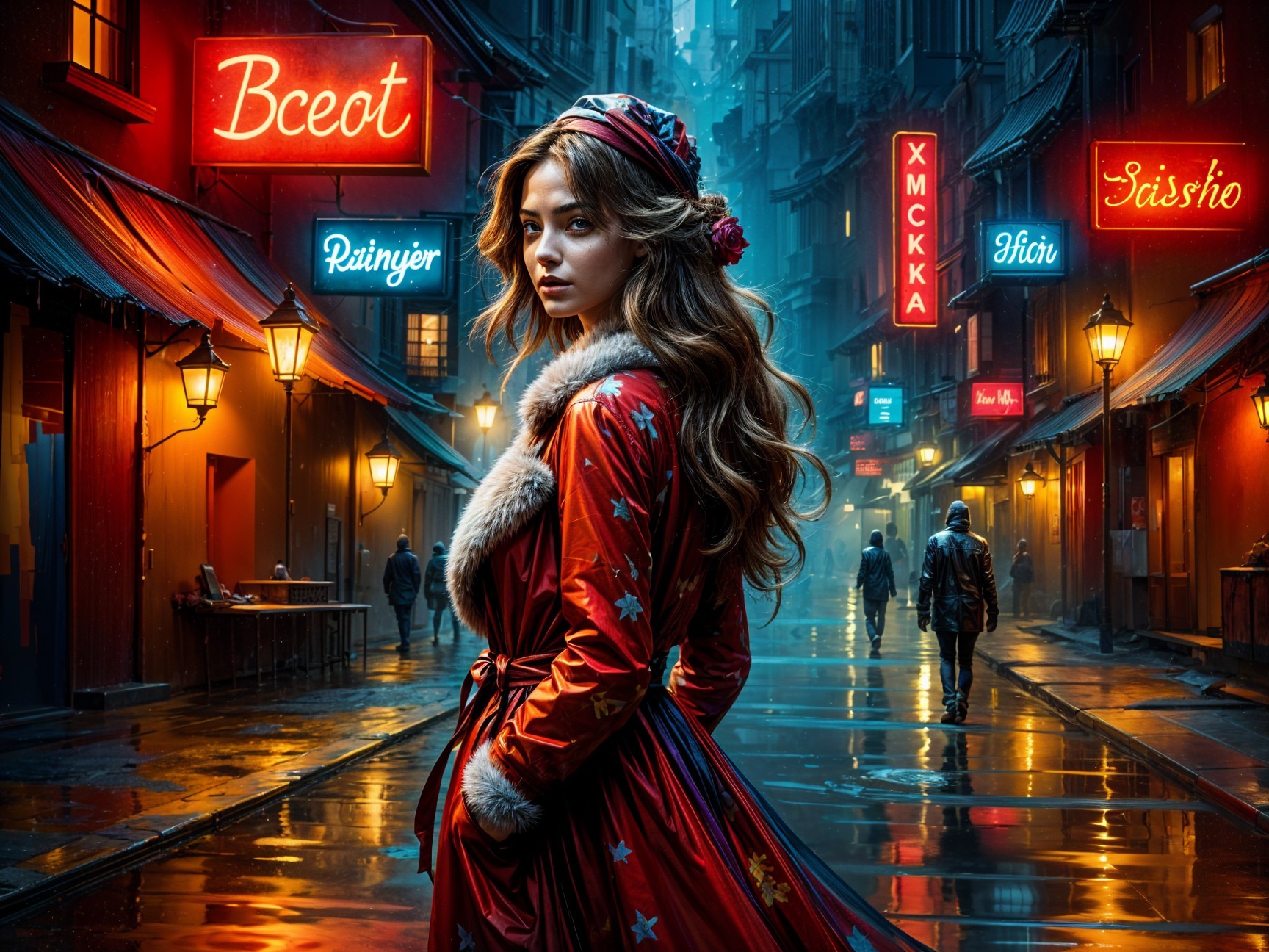 Neon-Lit Alley Scene with Woman in Red Coat