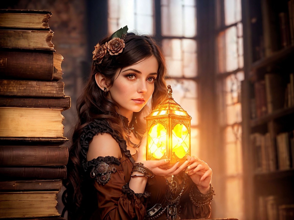 Young woman in vintage library with glowing lantern