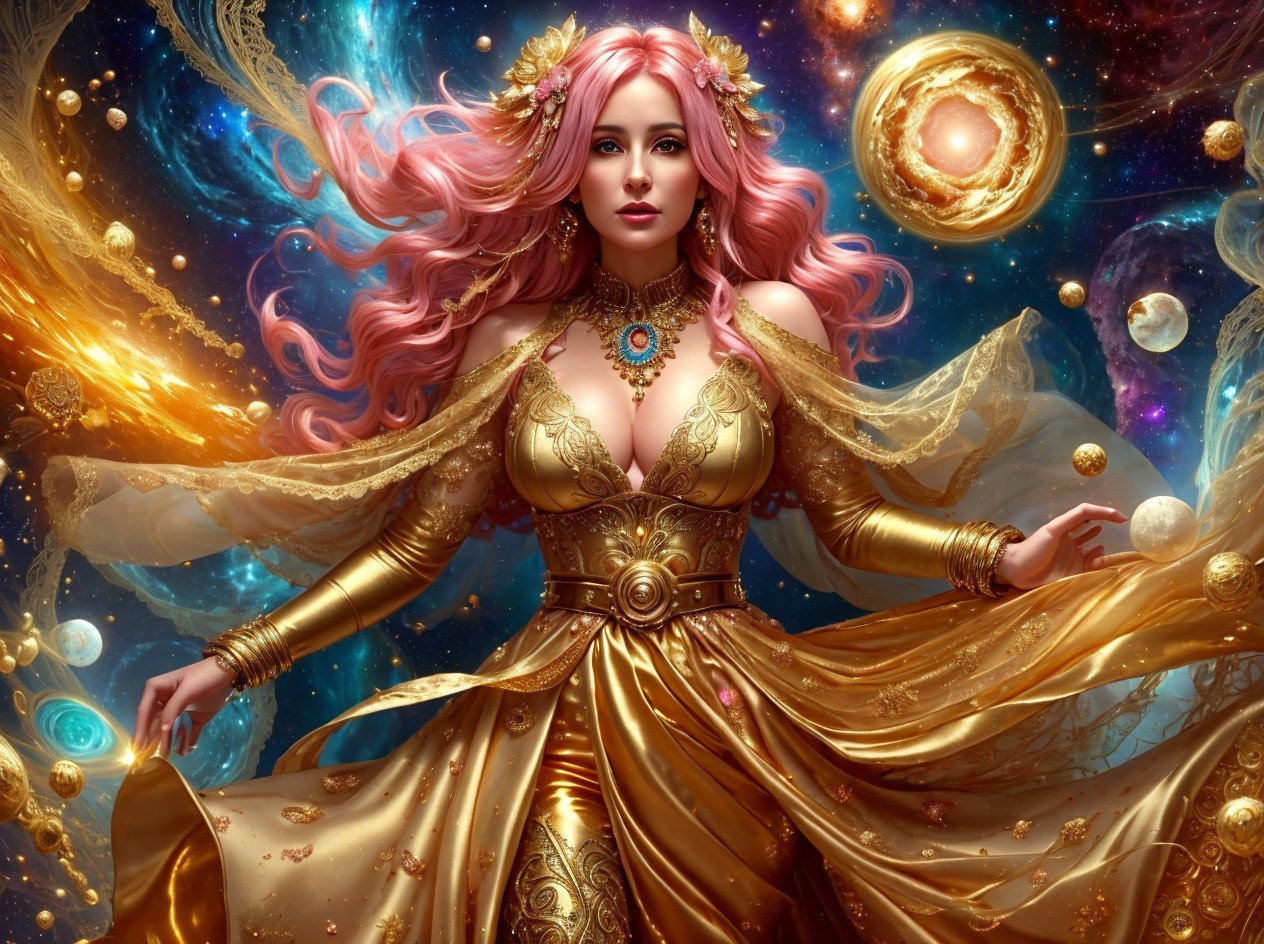Cosmic Goddess Portrait in Golden Gown and Nebulae