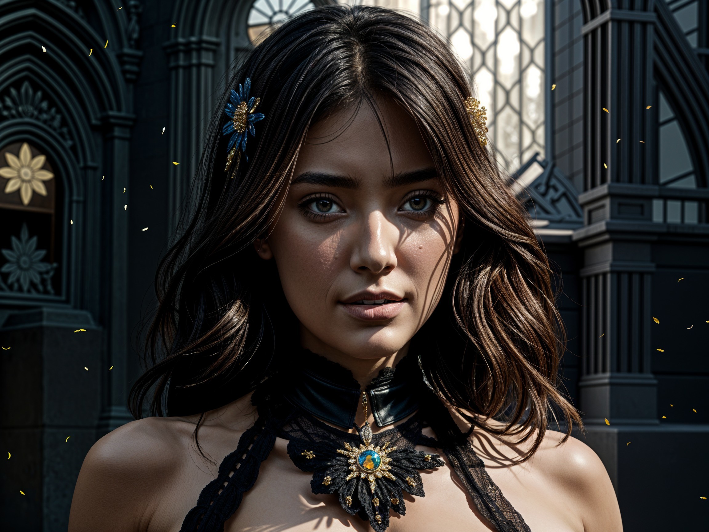 Young woman with wavy hair in ornate backdrop