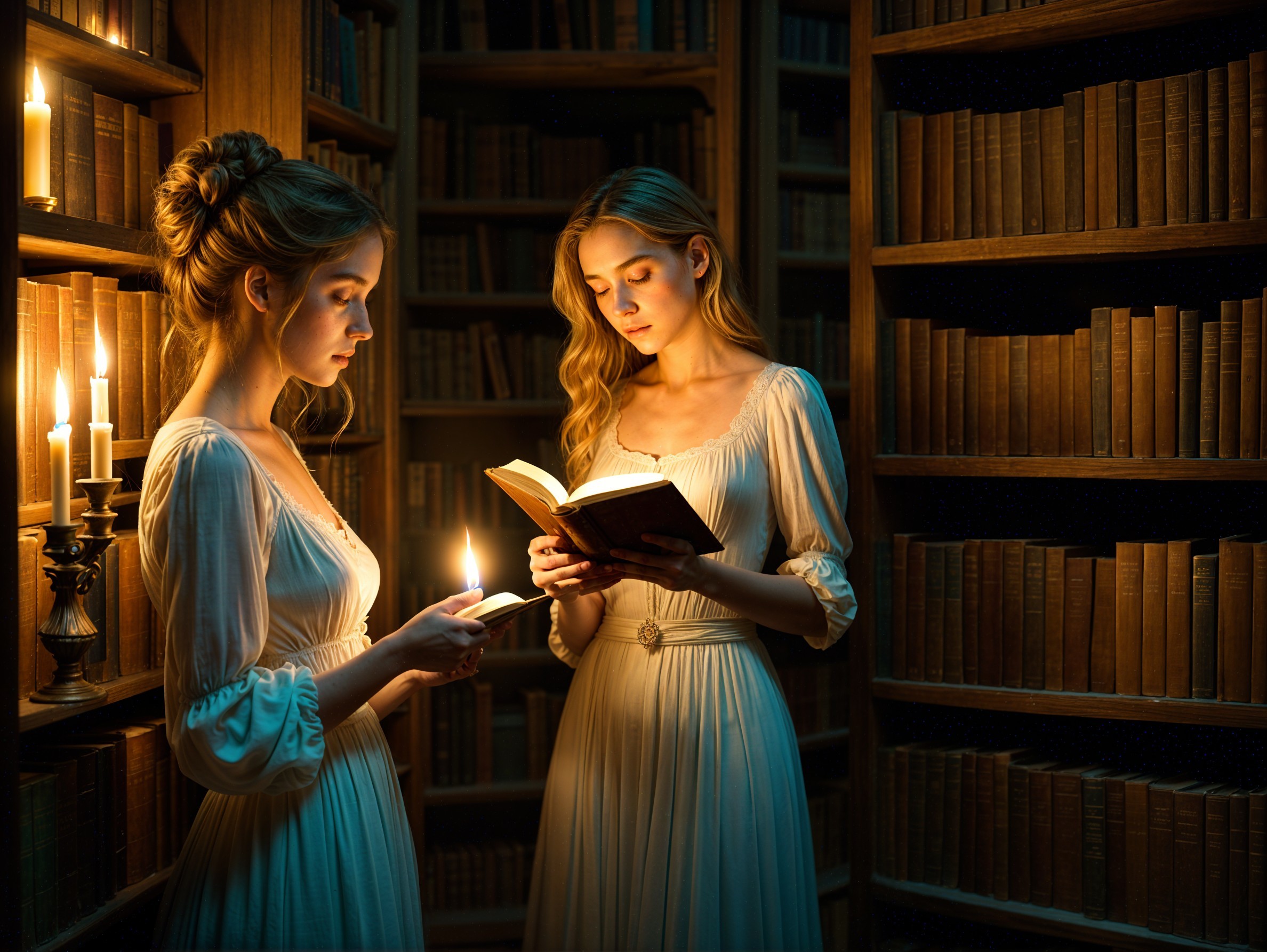 Young Women Reading in a Dimly Lit Library