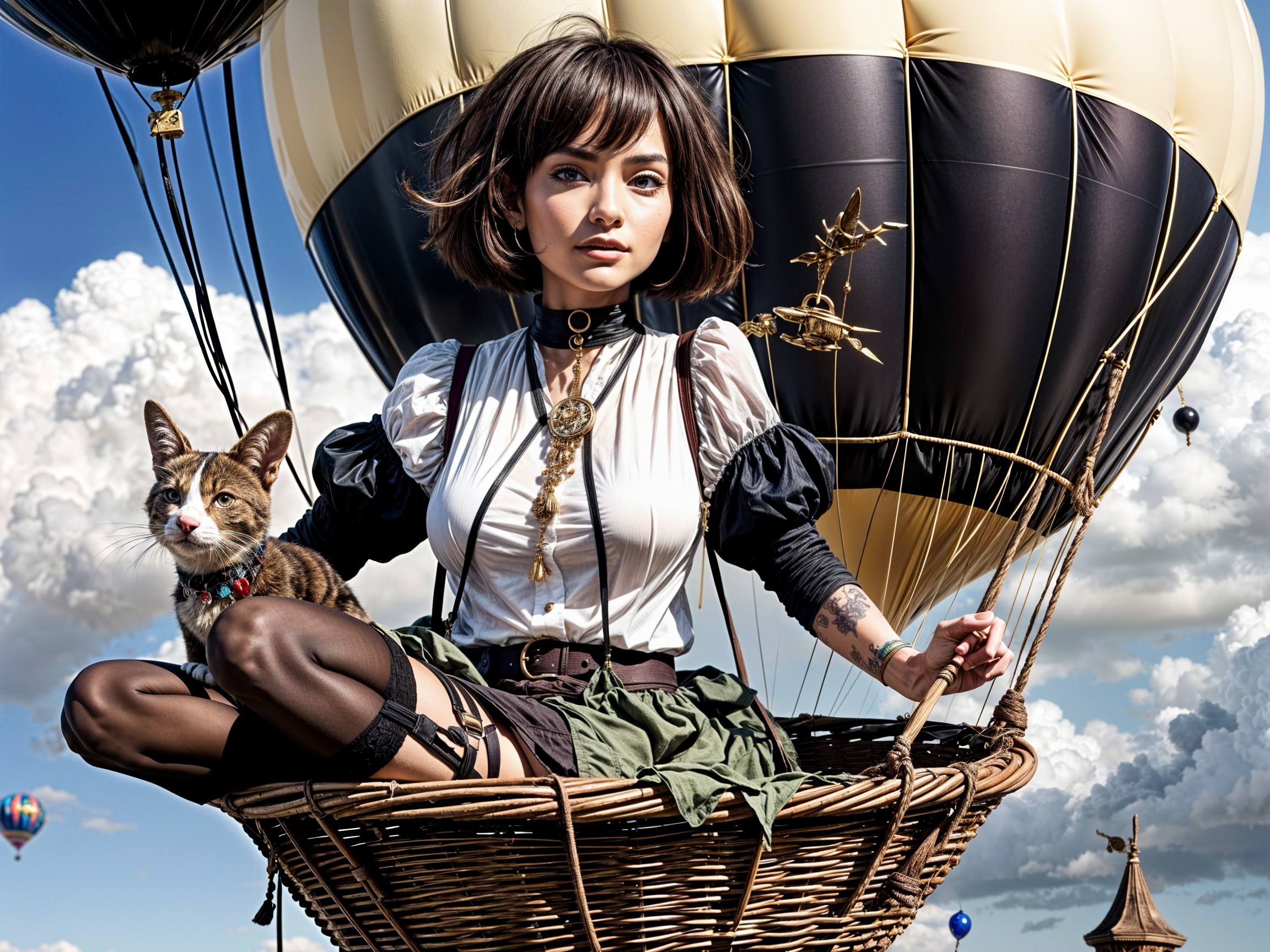 Young woman in hot air balloon with cat and clouds