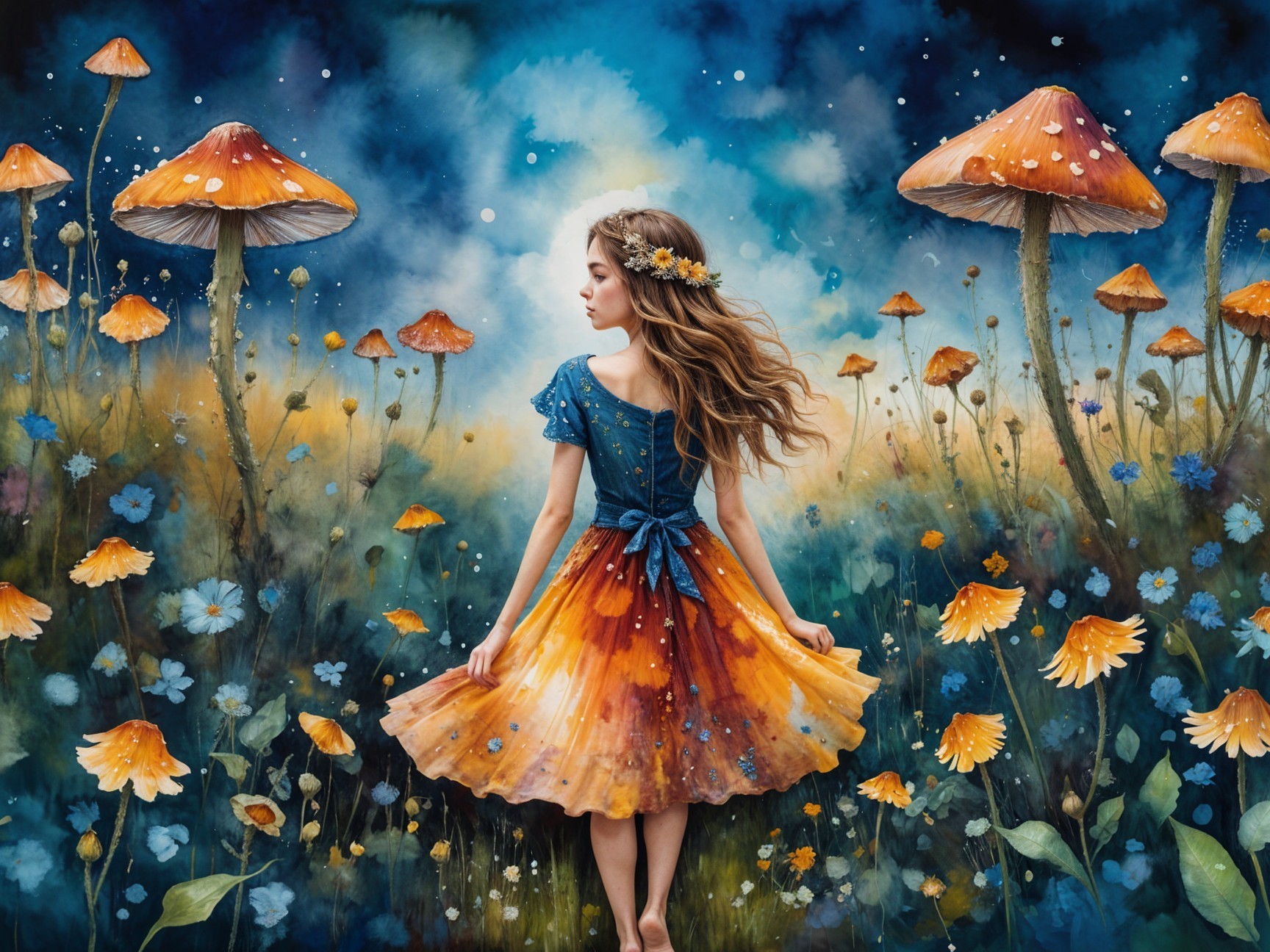 Young girl in vibrant dress in a fantasy landscape