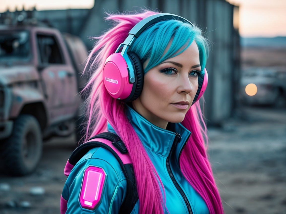 Woman with Teal and Pink Hair in Industrial Setting