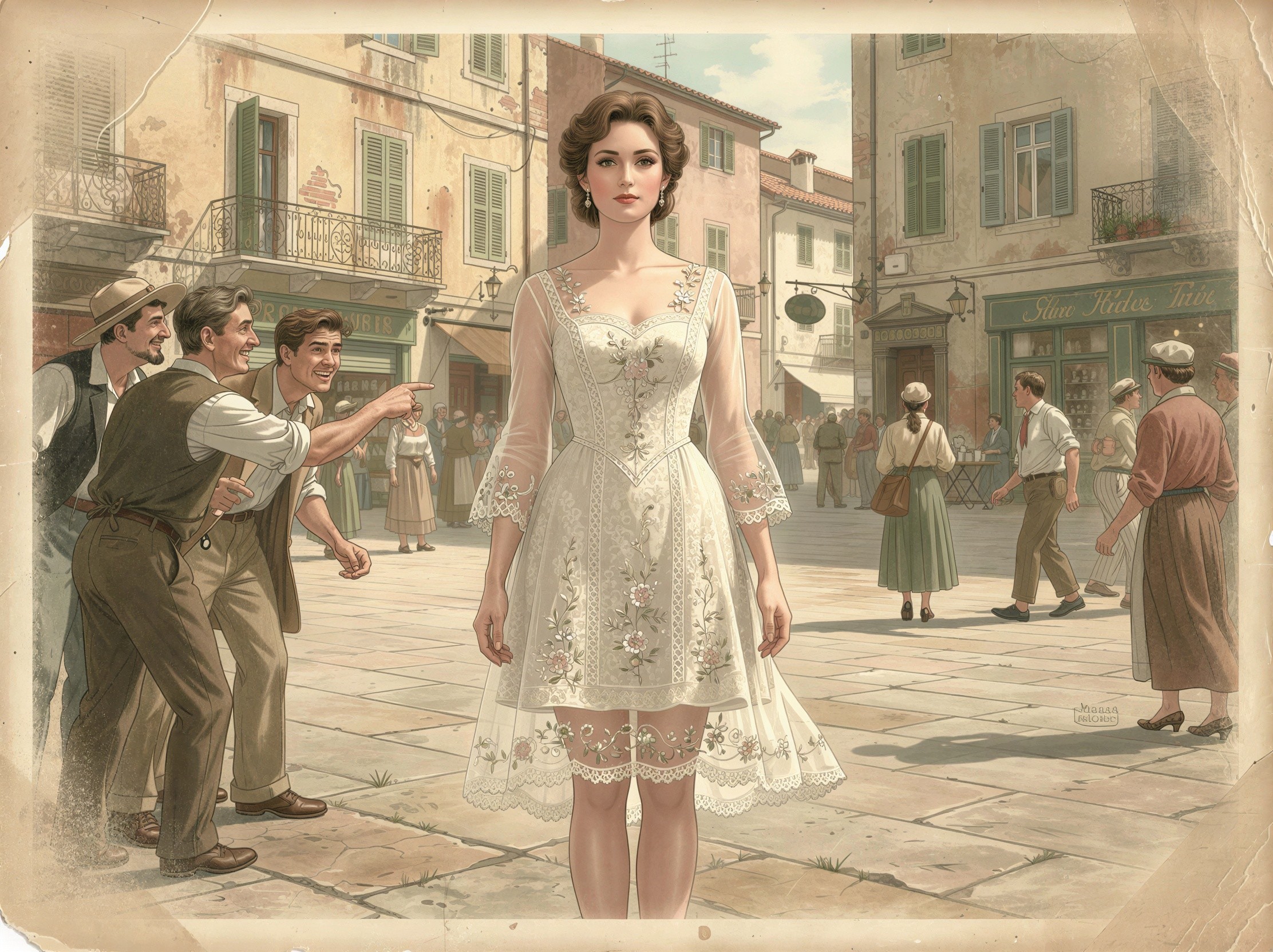 Woman in White Dress in Bustling Town Square