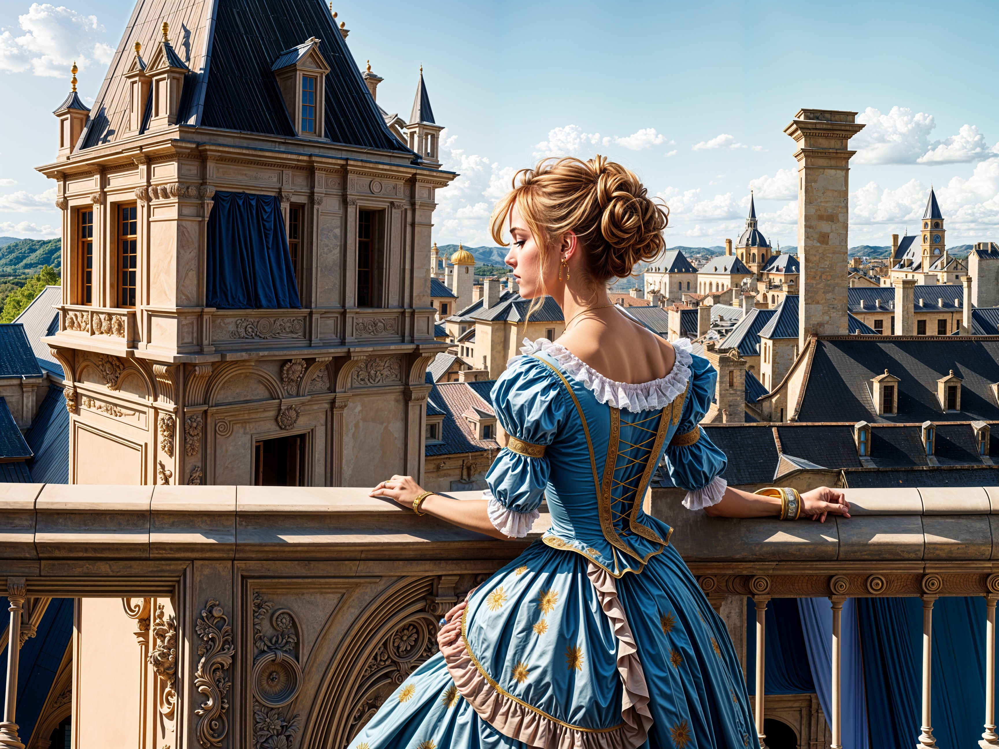 Elegant Woman in Blue Dress on Balcony Overlooking Landscape