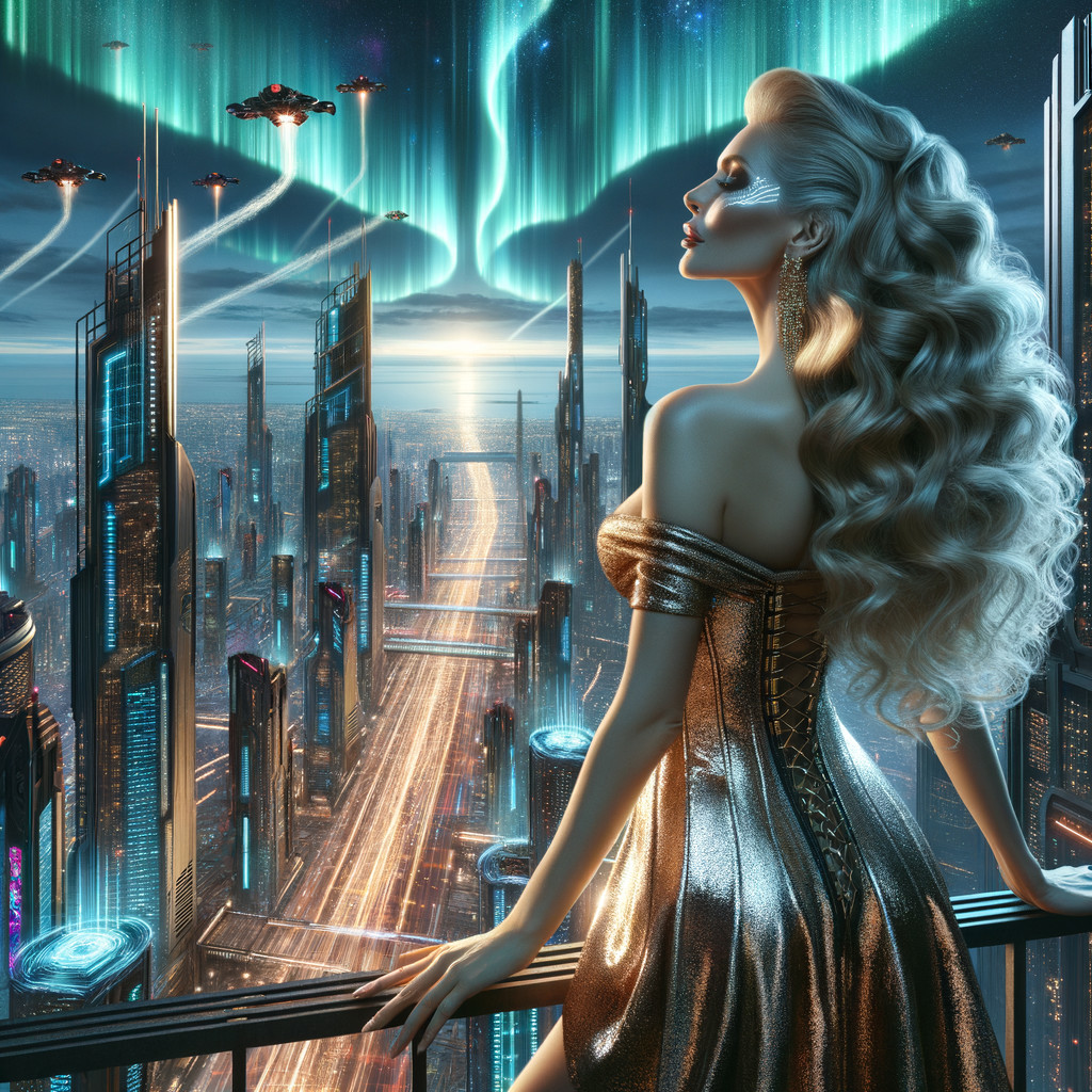 Futuristic Cityscape with Glamorous Woman and Auroras