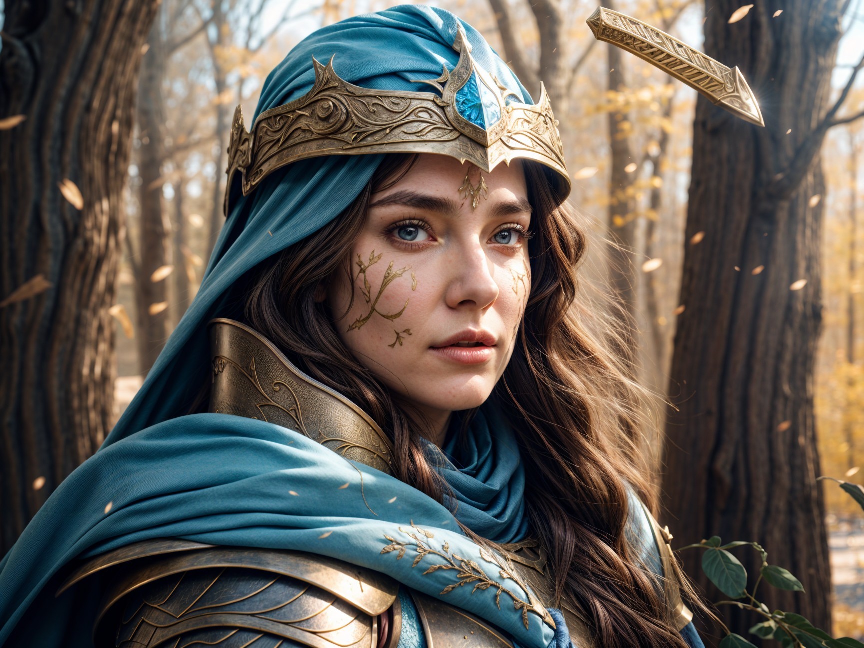 Female figure in golden armor with blue cloak in forest