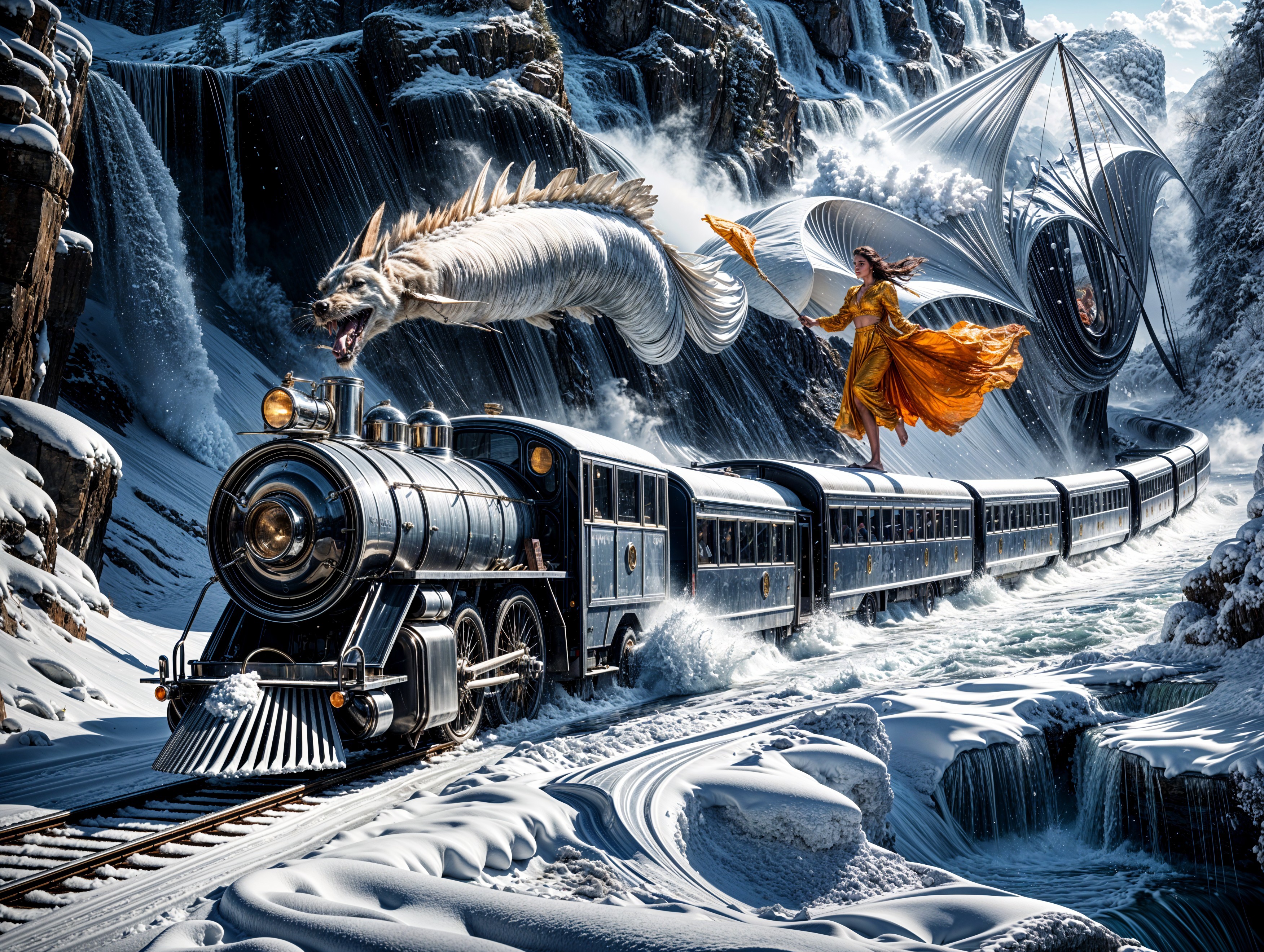 Steam Train in Snowy Landscape with Dragon and Structures
