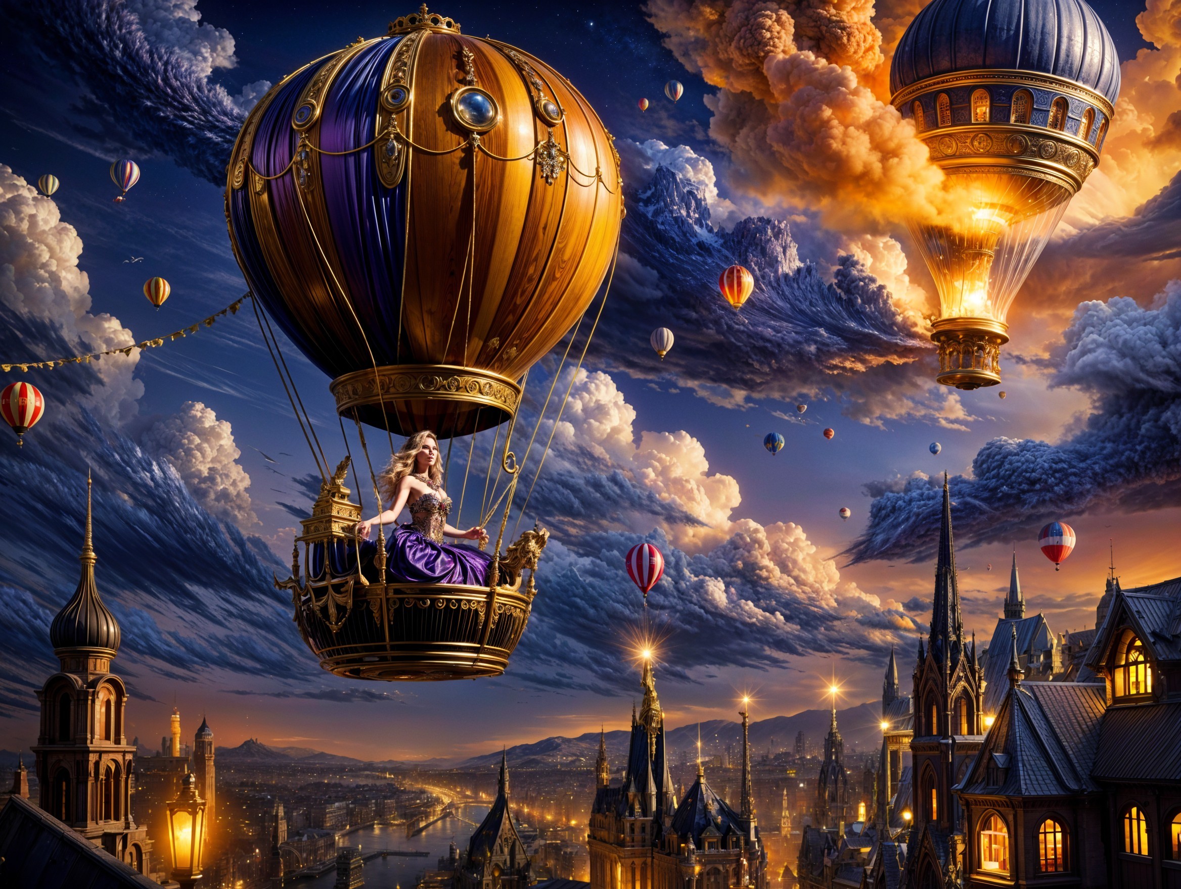 Regal Woman in Ornate Hot Air Balloon Over Cityscape