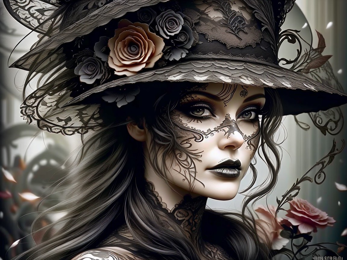 Victorian Gothic Woman in Intricate Hat and Mask