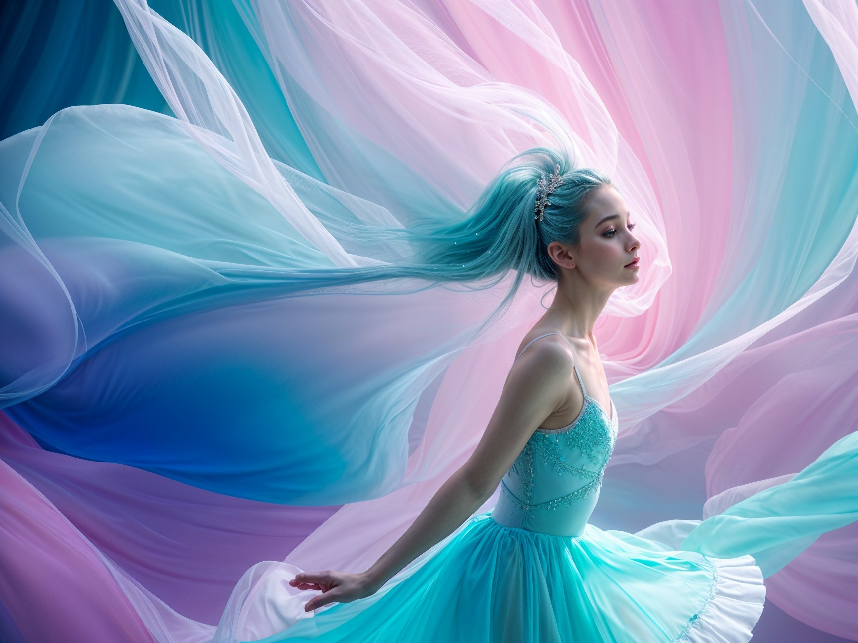 Dancer in Turquoise Gown with Ethereal Hair and Pastels
