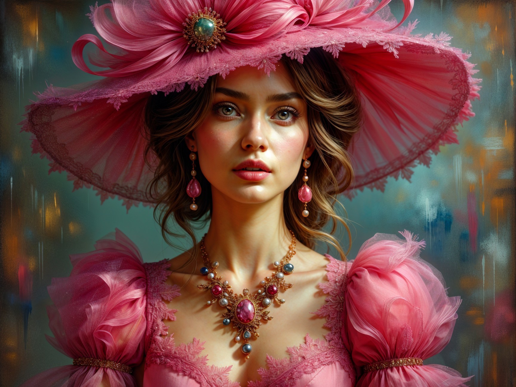 Elegant Woman in Pink Hat and Ruffled Dress