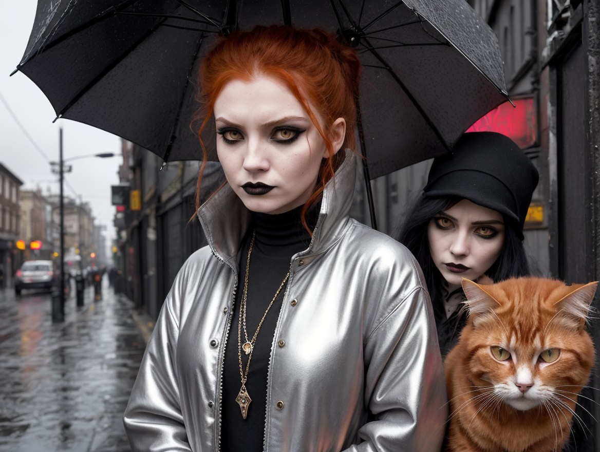 Young Women with Umbrella and Cat on Rainy Street