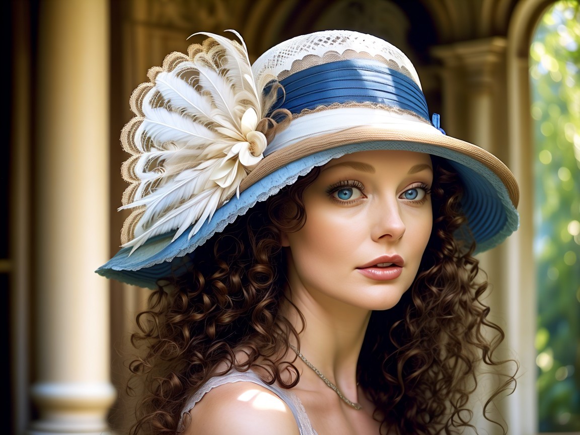 Elegant Woman with Blue Eyes and Wide-Brimmed Hat
