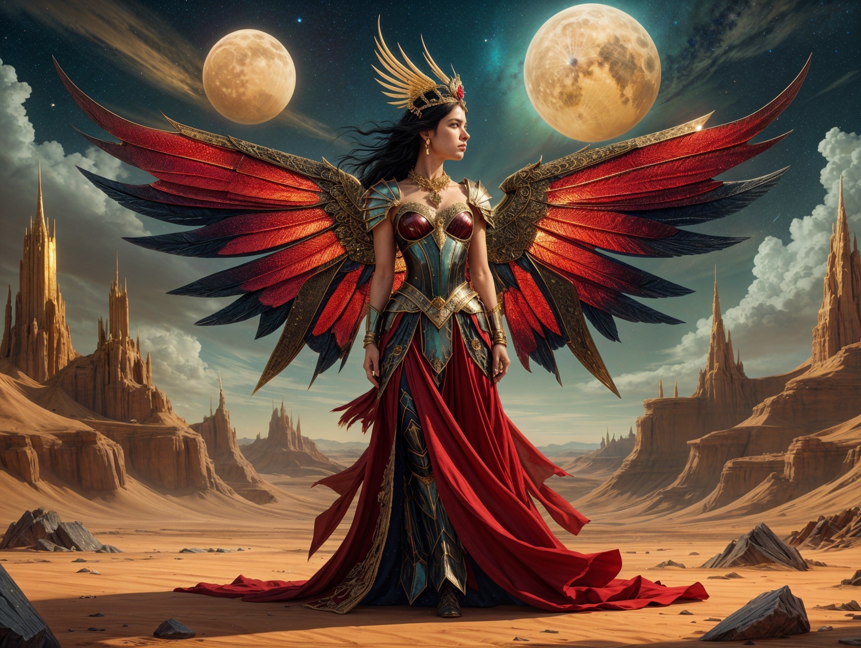 Majestic warrior in desert with shimmering wings and moons