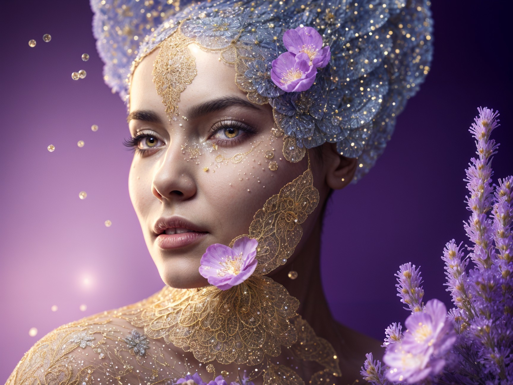 Portrait of a woman in golden lace with purple flowers