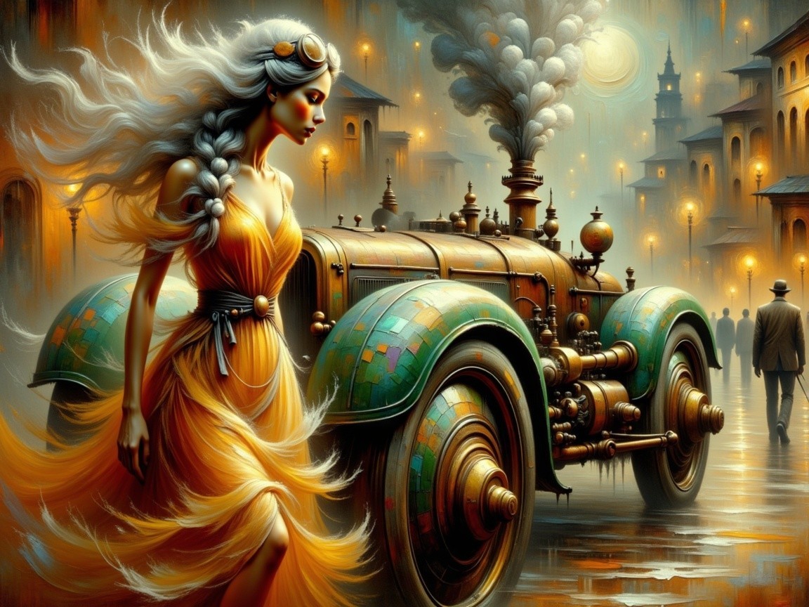 Steampunk Cityscape with Woman and Vintage Vehicle