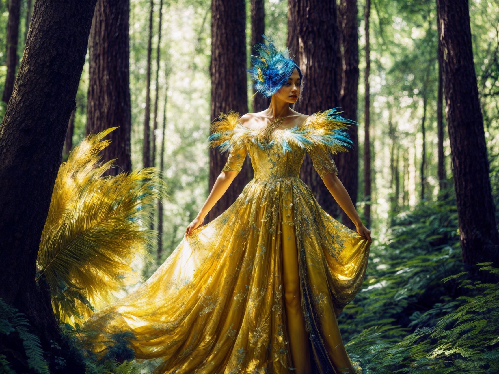 Woman in yellow gown in a lush forest setting