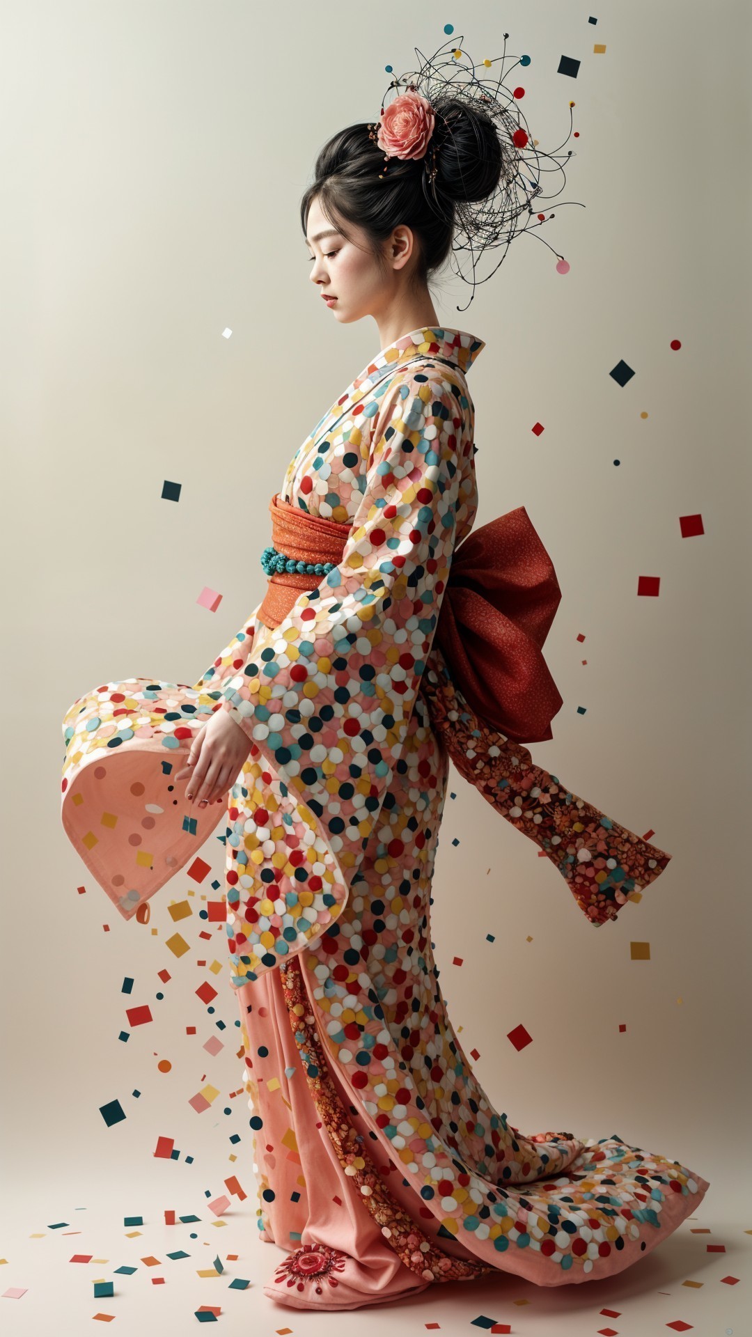 Young Woman in Colorful Kimono with Festive Elements