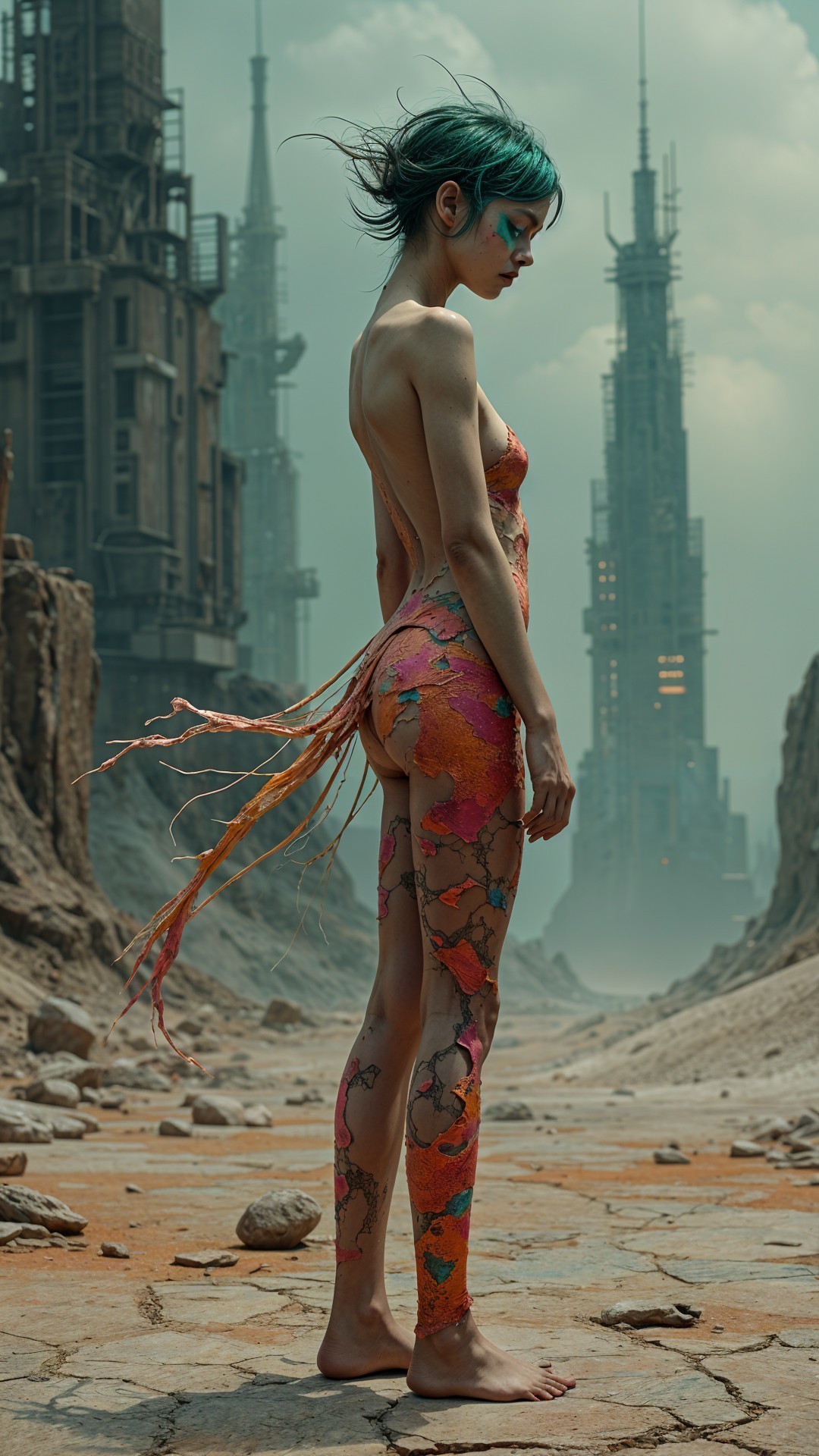 Slender Figure in Dystopian Landscape with Blue Hair