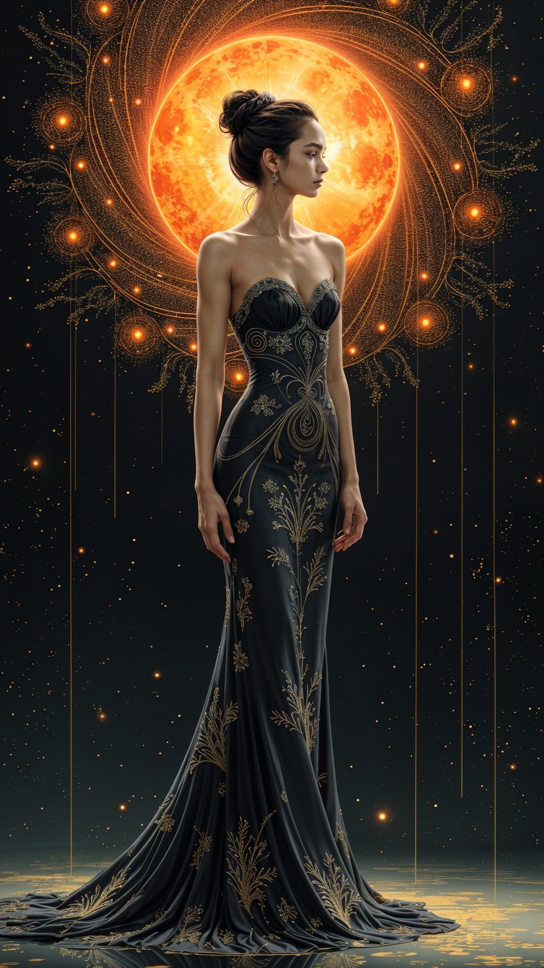 Elegant figure in black gown with celestial backdrop