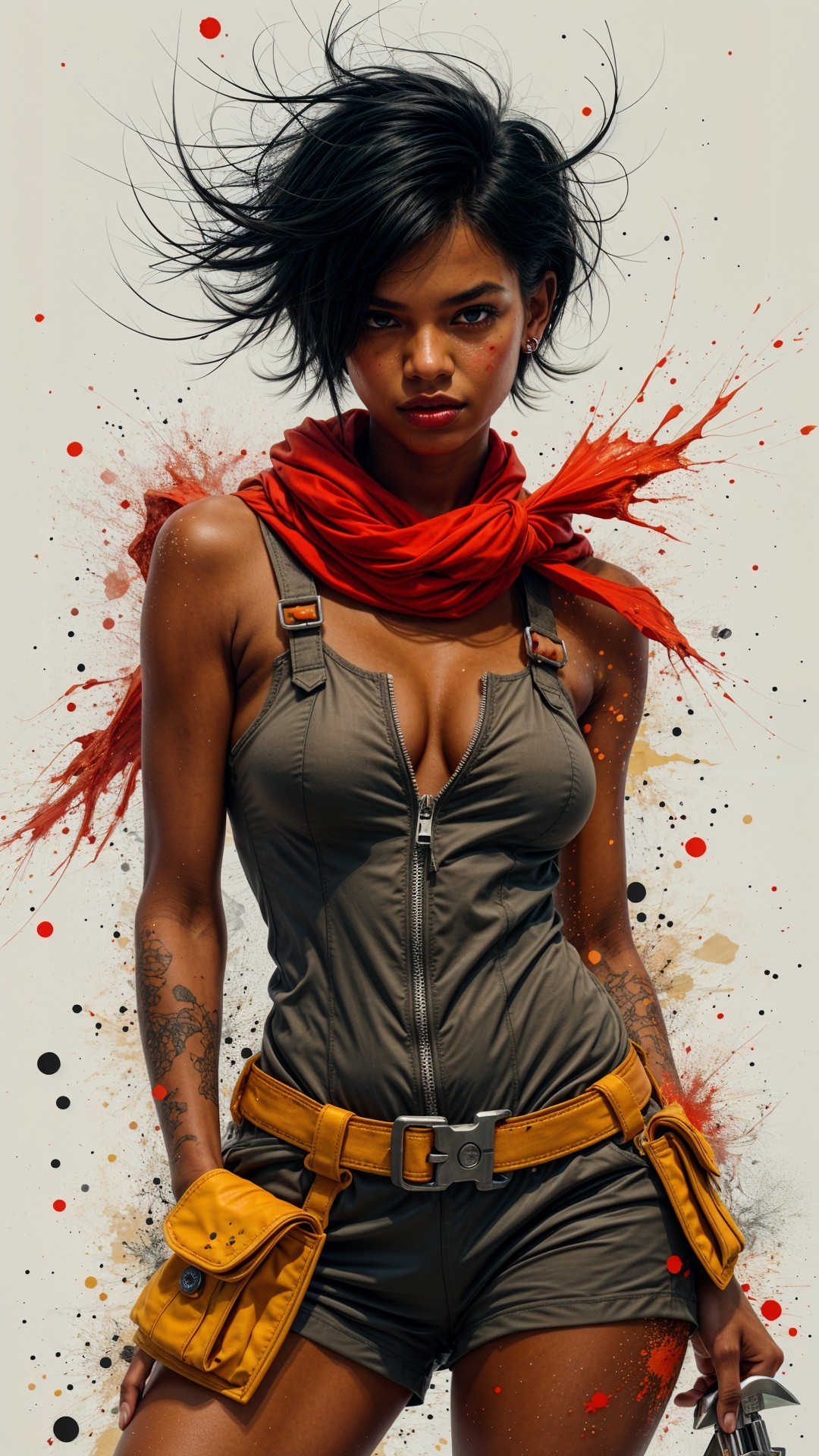 Confident Young Woman in Edgy Fashion Against Abstract Background