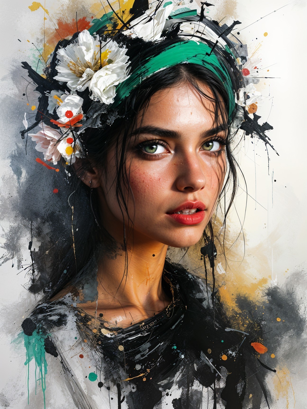 Portrait of a Young Woman with Green Eyes and Flowers
