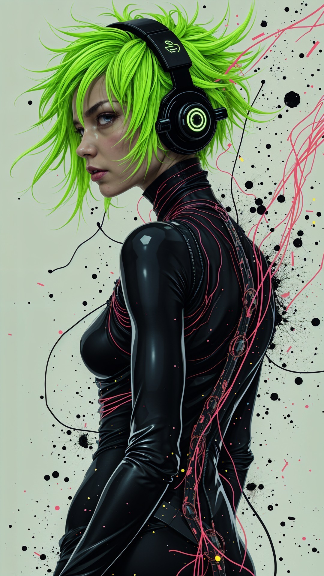 Futuristic figure with green spiky hair and headphones