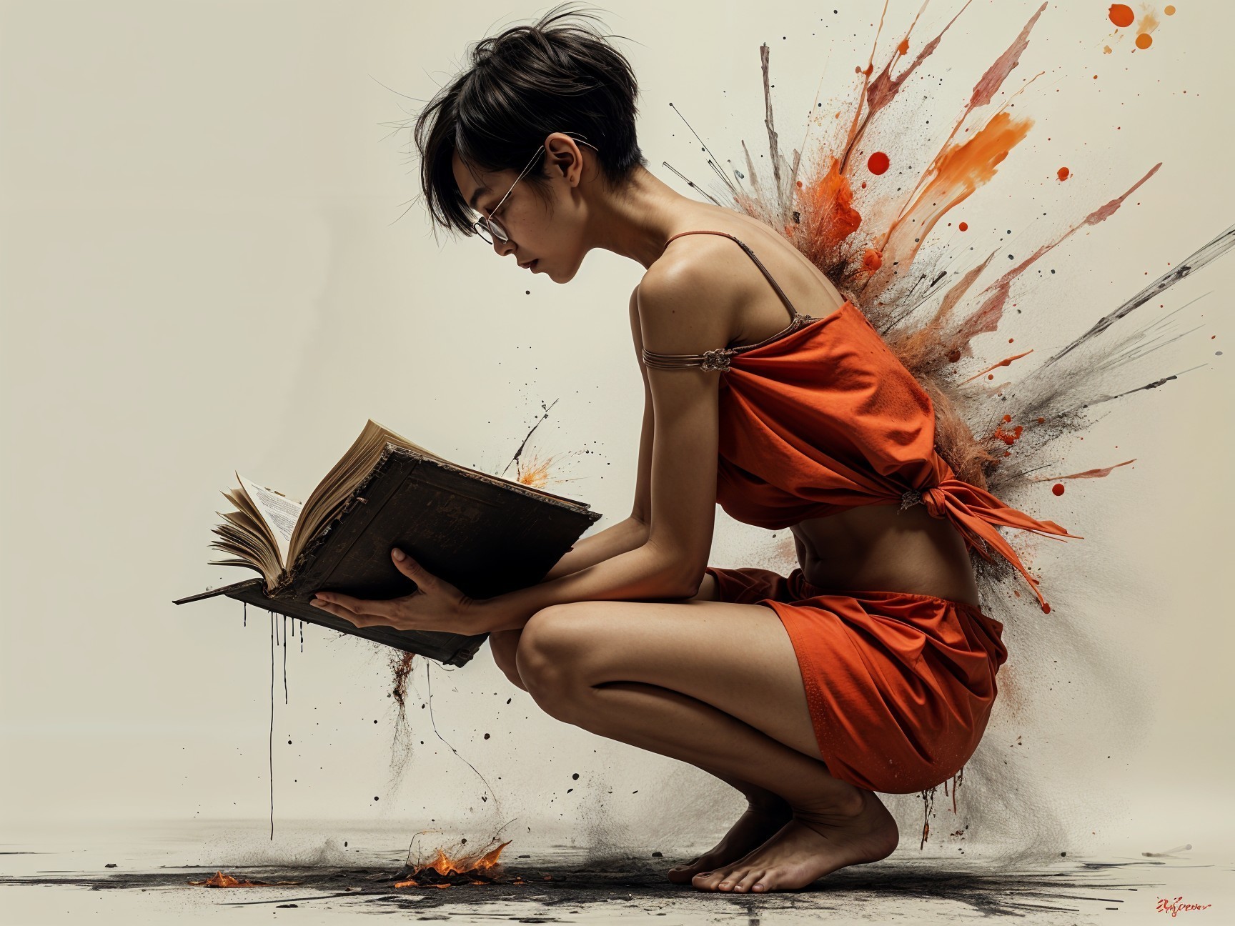Young woman reading an old book in vibrant colors