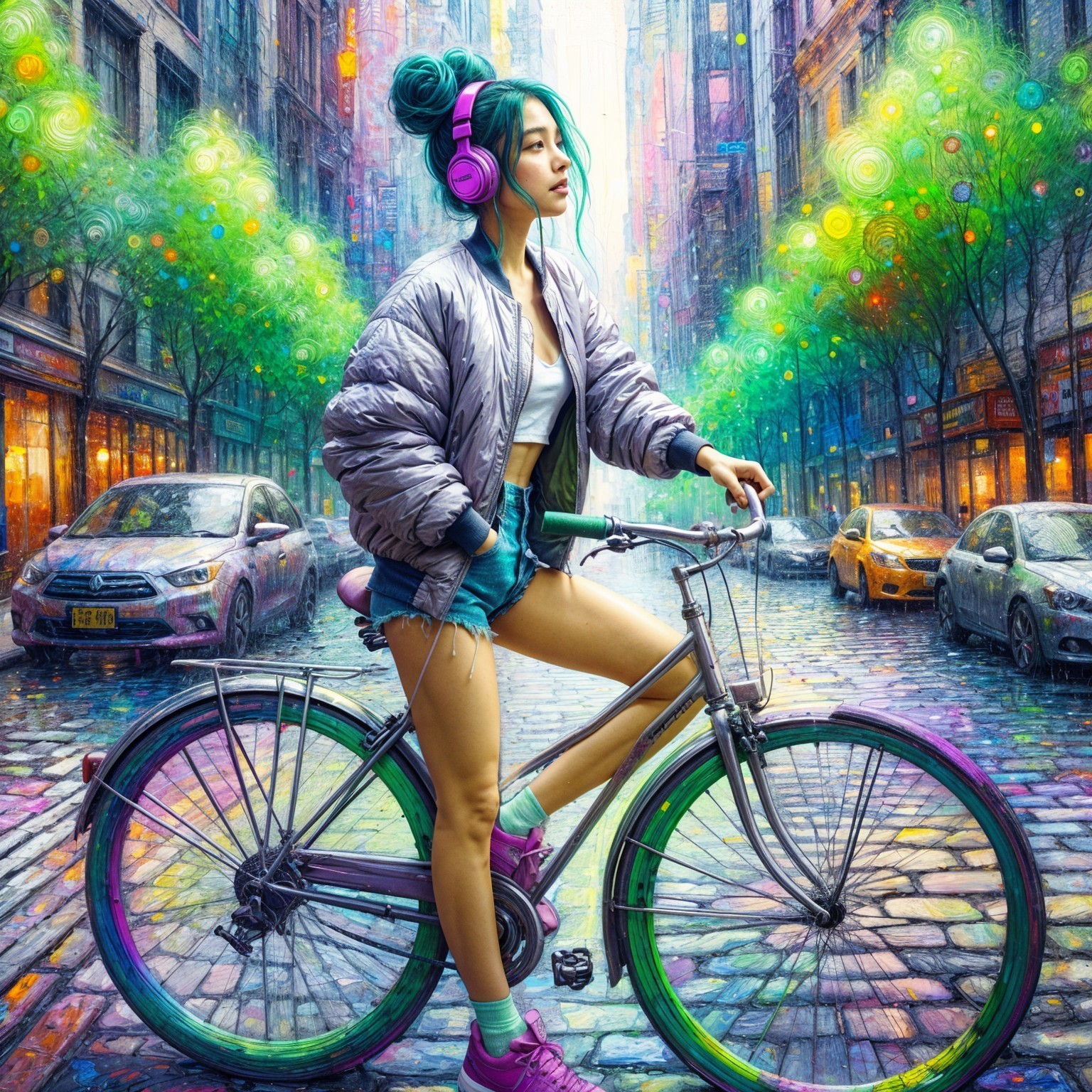 Stylish Young Woman with Teal Hair and Bicycle in City