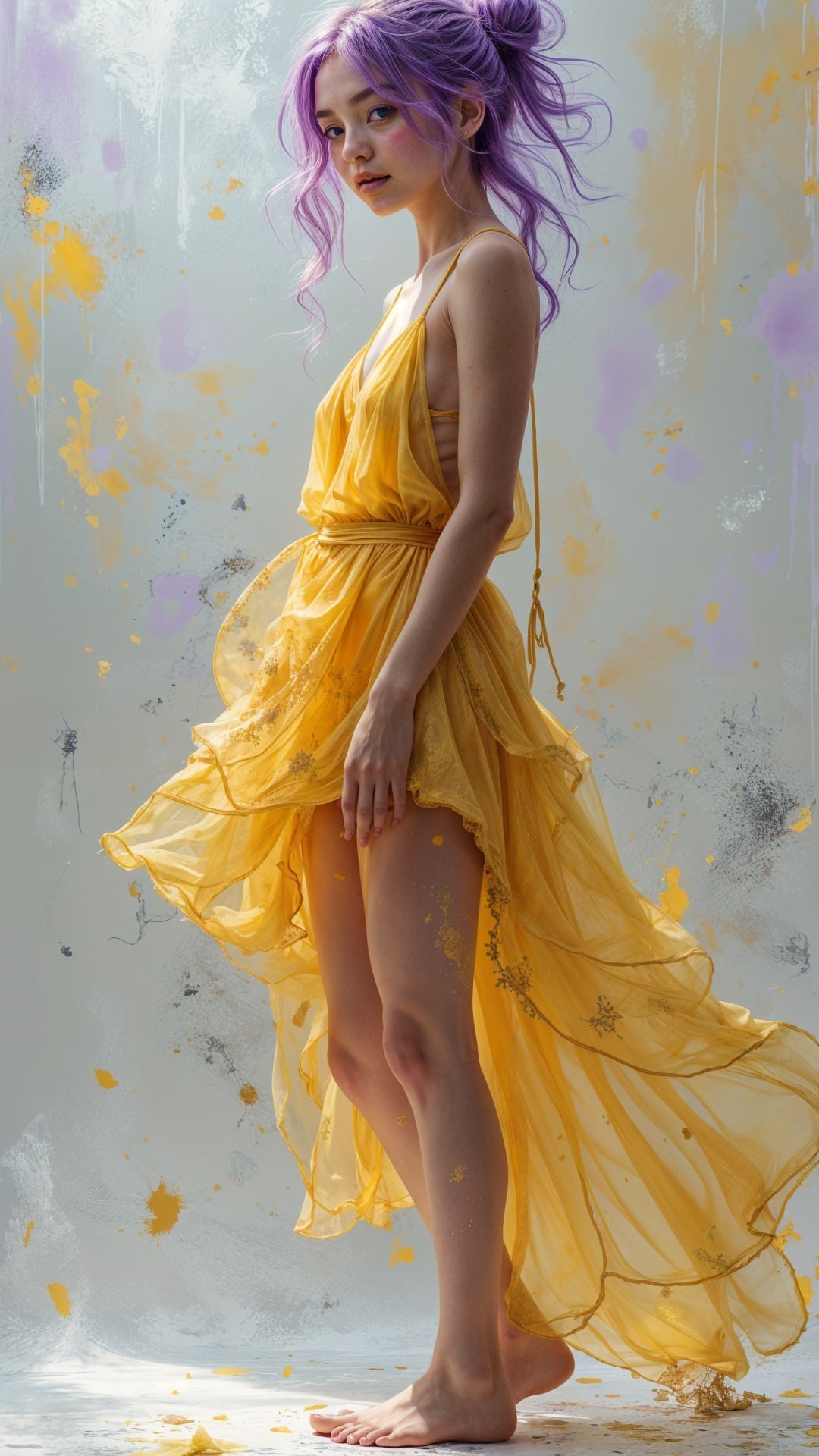 Elegant Woman in Yellow Dress with Purple Hair
