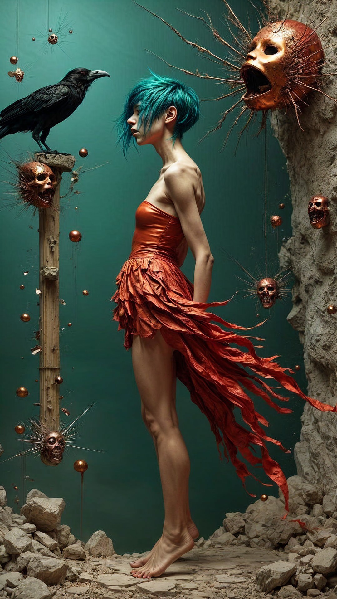 Surreal Figure in Orange Dress with Eerie Surroundings