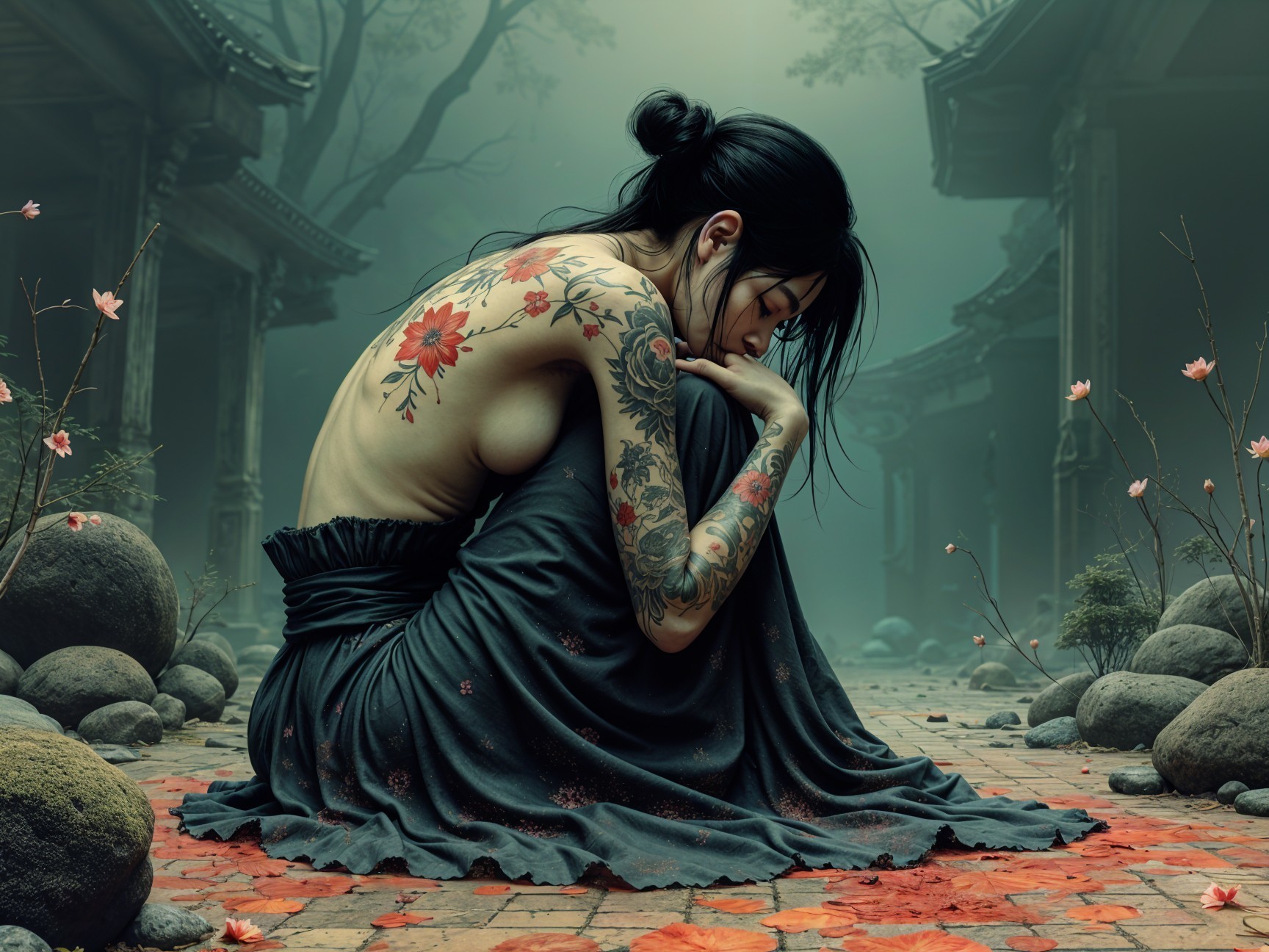 Contemplative Figure in Serene Misty Landscape